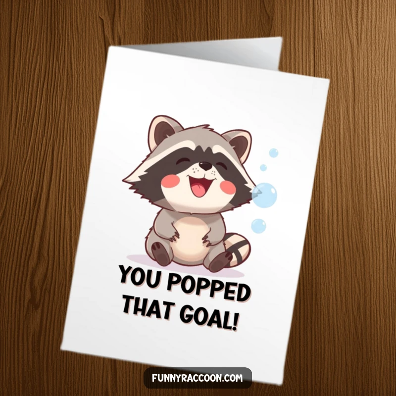 Funny Free Printable Congratulations Card: Raccoon happily playing, grinning while trying to catch iridescent floating bubbles.