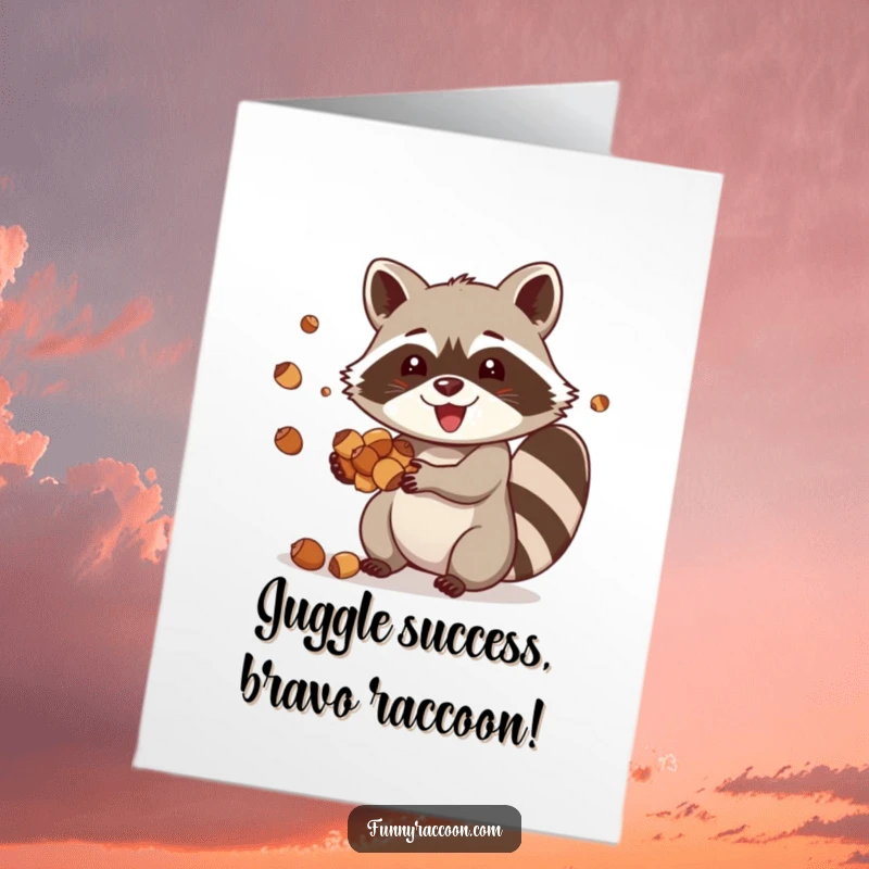 Funny Free Printable Raccoon Congrats Card: A joyful raccoon juggles acorns, celebrating a successful and skillful achievement.
