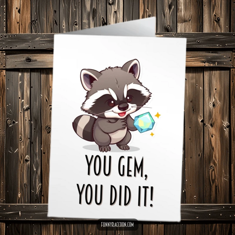 Funny Free Printable Congratulations Card: Raccoon stealing a sparkly gem with a sly grin
