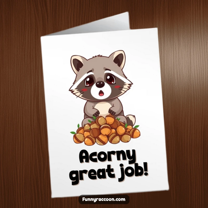 Funny Free Printable Congratulations Card: A startled raccoon scattering acorns, celebrating your amazing success.