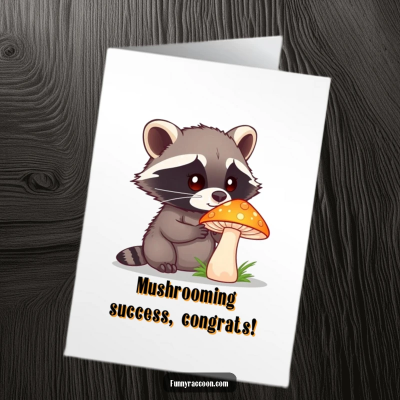 Funny Free Printable Congratulations Card: Raccoon curiously inspecting a psychedelic, brightly colored mushroom in the woods.