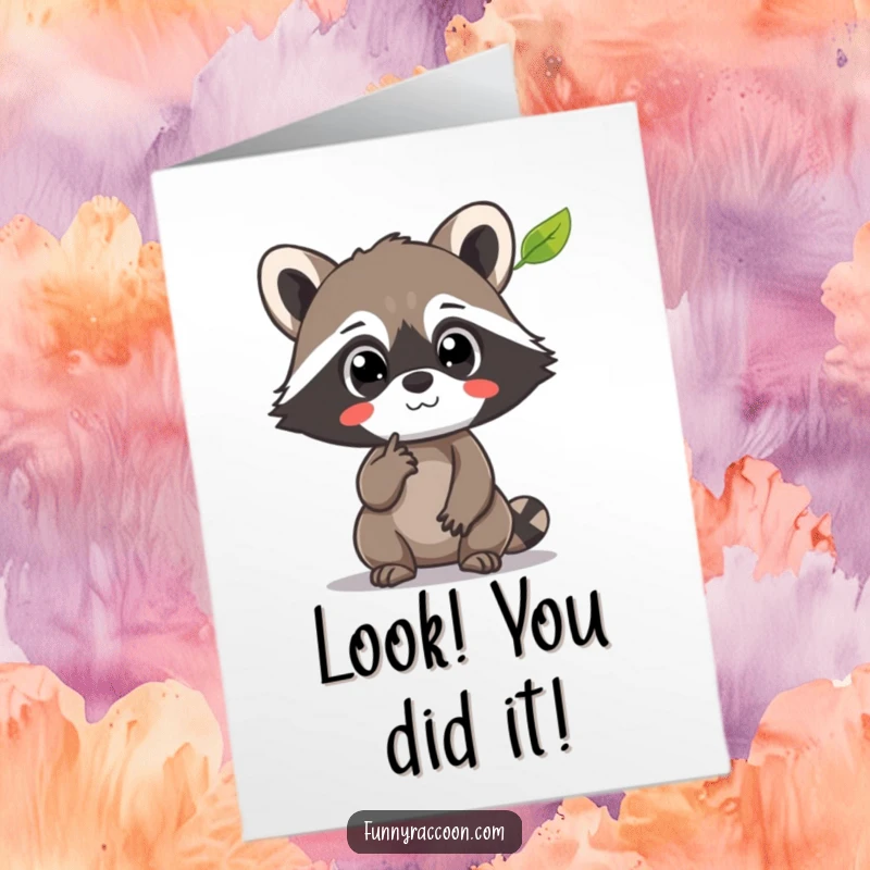 Funny Free Printable Congratulations Card: Raccoon staring in awe at a floating leaf