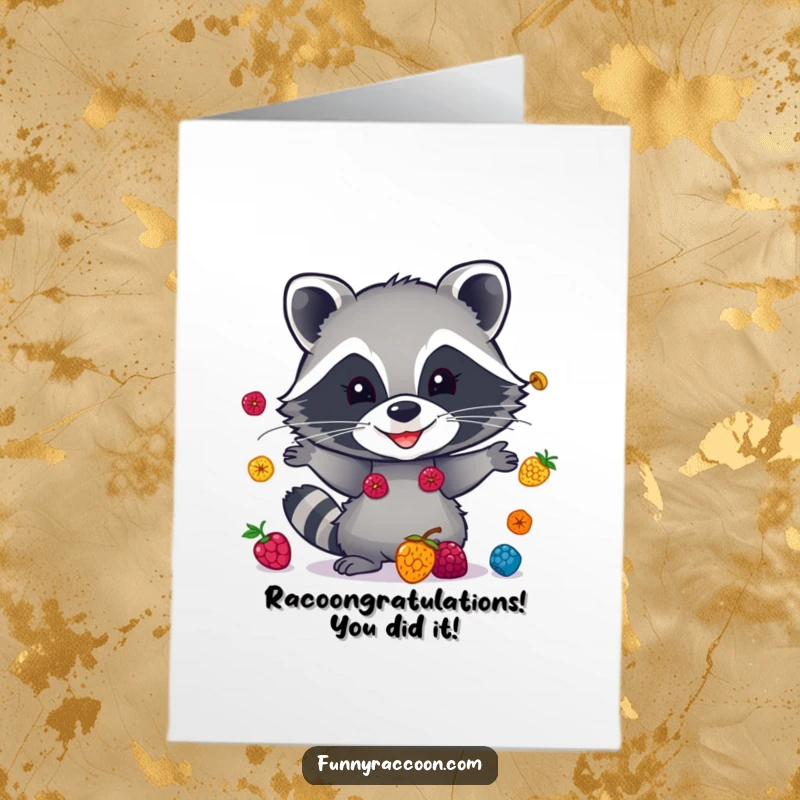 Funny Free Printable Congratulations Card: Grinning raccoon juggling vibrant berries, celebrating your big achievement.