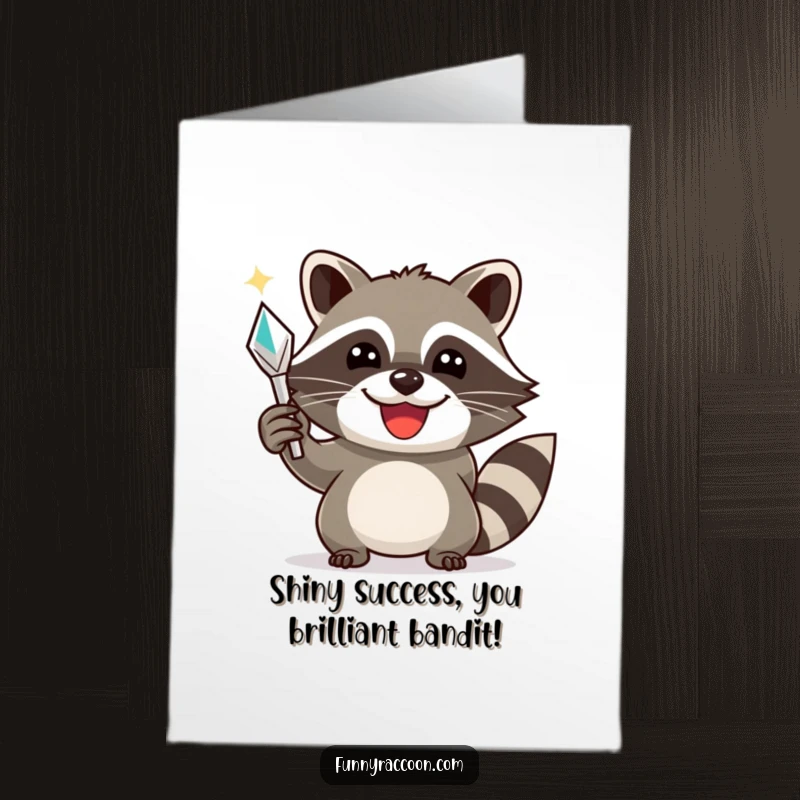 Funny Free Printable Raccoon Congrats Card: A wide-smiling raccoon triumphantly holds a shiny object, celebrating a major win.