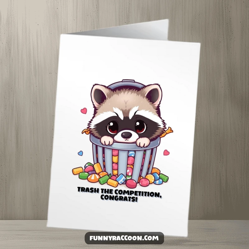 Funny Free Printable Congratulations Card: Raccoon peeking from a candy-filled trash can, celebrating their sweet success.
