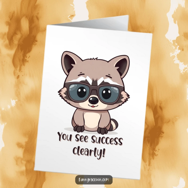 Funny Free Printable Congratulations Card: Raccoon sporting comically large glasses, looking scholarly but clumsy.