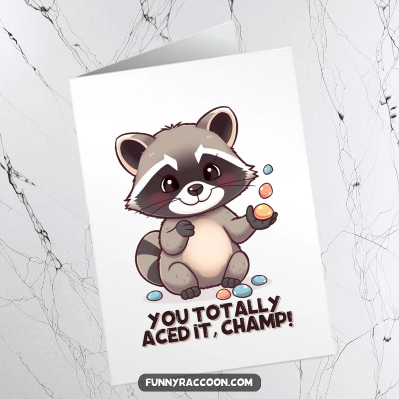 Funny Free Printable Congratulations Card: A cute raccoon gleefully juggles pebbles, celebrating your amazing achievement.
