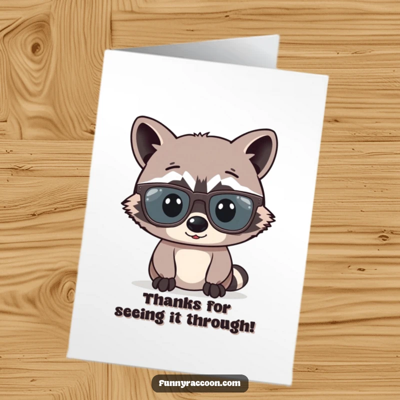 Funny Free Printable Thank You Card: Raccoon with a playful expression wearing glasses far too big for its face.