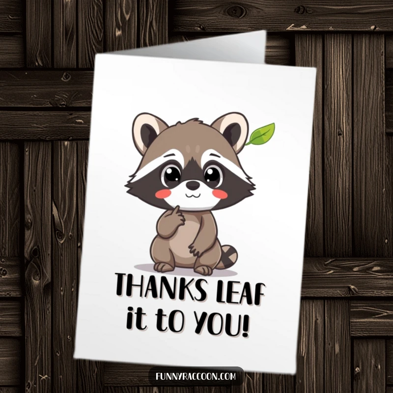 Funny Free Printable Thank You Card: Raccoon with amazed eyes pointing at a drifting leaf