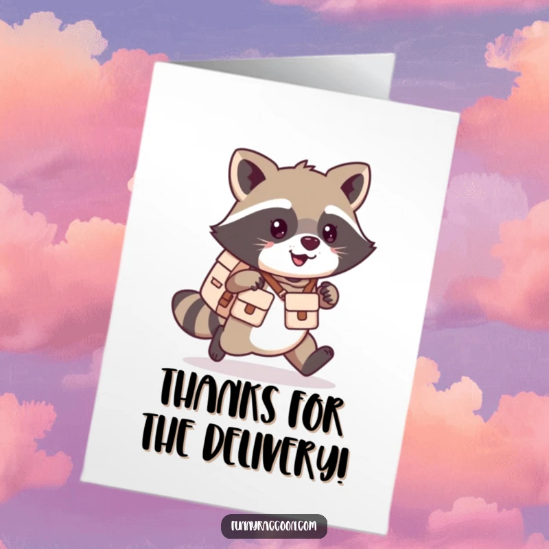Funny Free Printable Thank You Card: Cute kawaii raccoon with mail satchel, scampering happily to say thanks. Sweet delivery.