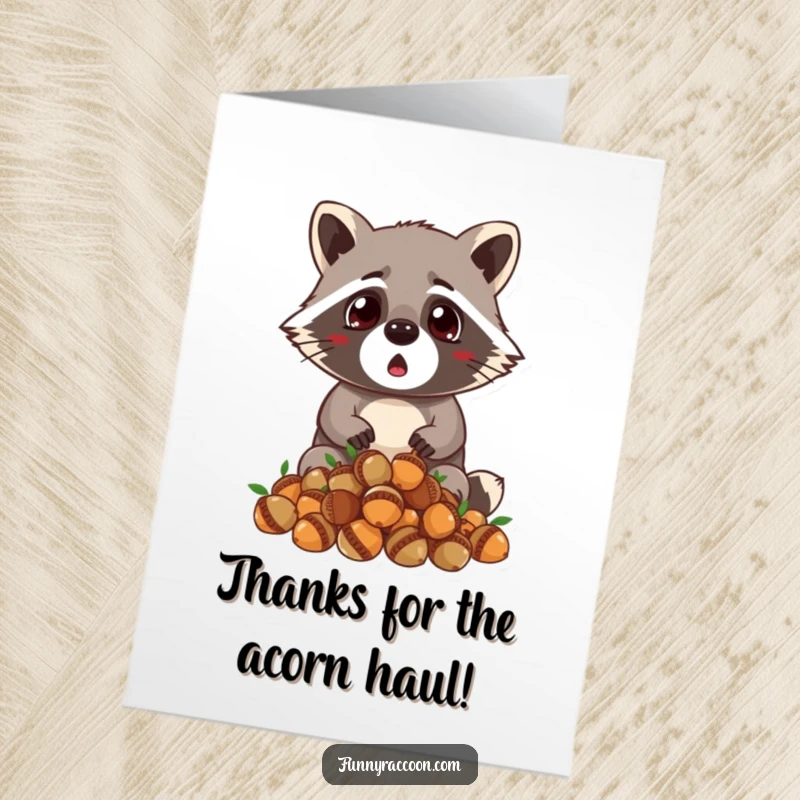 Funny Free Printable Thank You Card: A startled raccoon drops acorns, expressing sincere gratitude with a funny twist.