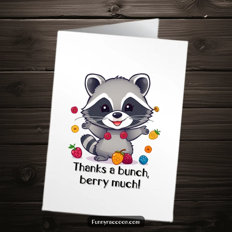 Funny Free Printable Thank You Card: Playful raccoon with a big grin, juggling berries in appreciation.