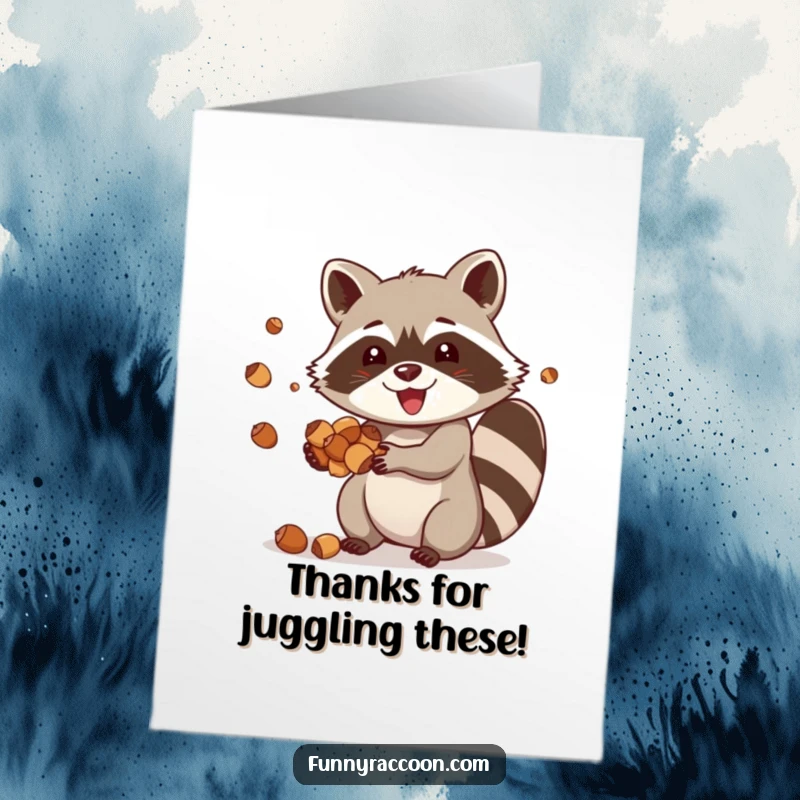 Funny Free Printable Raccoon Thank You Card: A joyful raccoon juggles acorns, offering a fun and thankful message.
