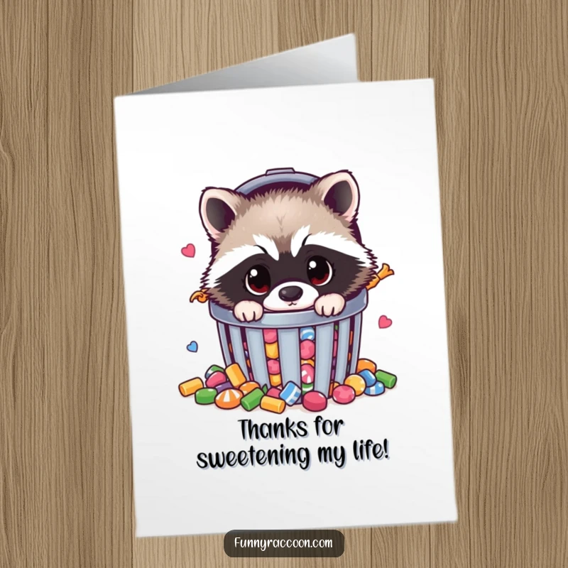 Funny Free Printable Thank You Card: Raccoon peeking from a candy-filled trash can, giving thanks for goodies.