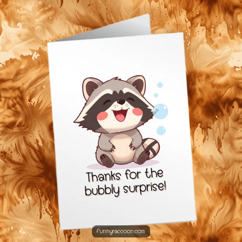 Funny Free Printable Thank You Card: A playful raccoon grinning while catching shimmering soap bubbles.