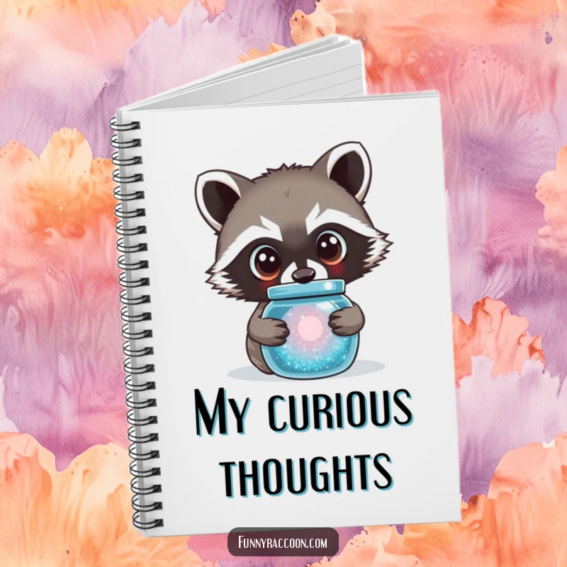 Funny raccoon notebook featuring a cute raccoon with large, curious eyes peering into a sparkling jar.