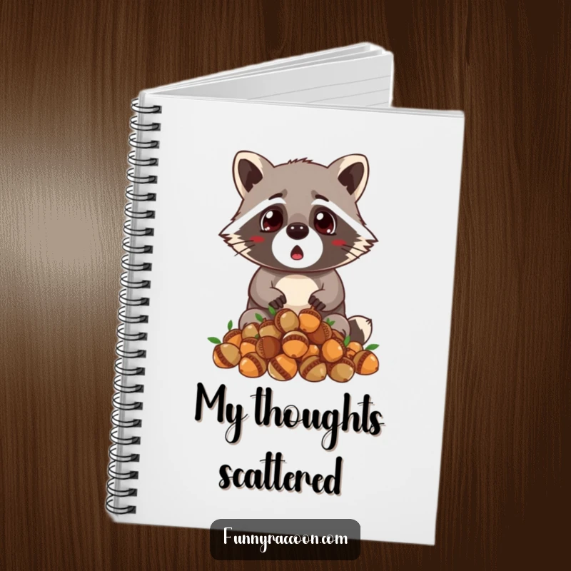 Funny raccoon notebook, wide-eyed surprise, dropping acorns, tiny ears perked, perfect for notes and humorous observations.