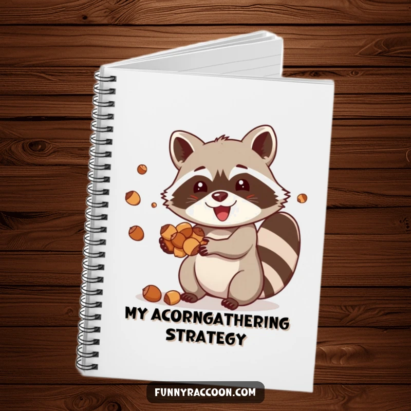 Funny raccoon notebook, a happy raccoon joyfully juggling acorns, ideal for documenting ideas and playful thoughts.