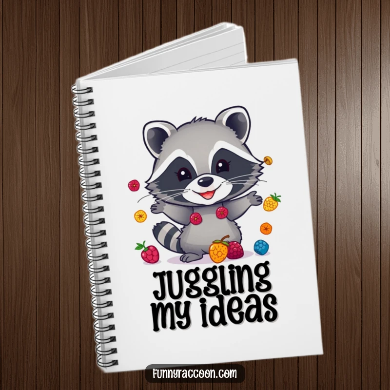 Funny raccoon notebook, a masked bandit juggling berries, perfect for notes, doodles, and humorous thoughts.