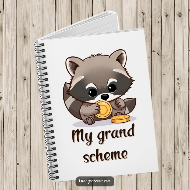 Funny raccoon notebook depicting a mischievous raccoon attempting to steal a shiny coin, a humorous item for notes.
