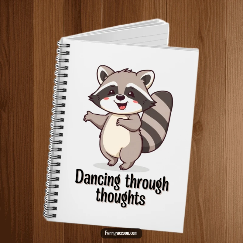 Funny raccoon notebook, bushy tail curled, doing a happy dance, perfect for notes, doodles, and joyful thoughts.