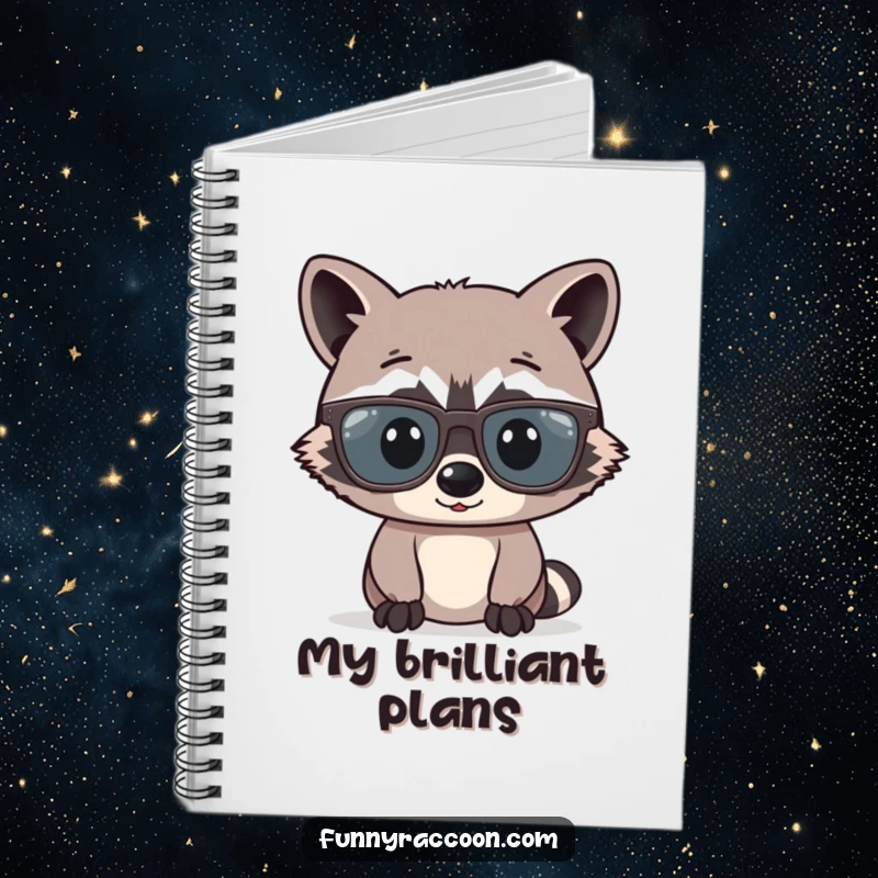 Funny raccoon comically wearing oversized glasses is depicted on a notebook cover, inspiring intellectual and humorous writing.