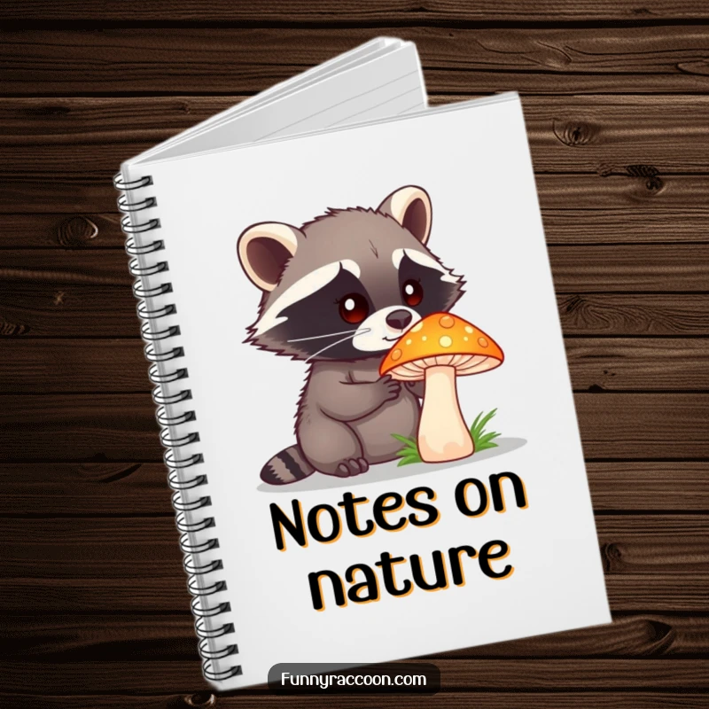Funny raccoon with a curious expression is depicted on a notebook cover, examining a brightly colored mushroom, inspiring creativity.