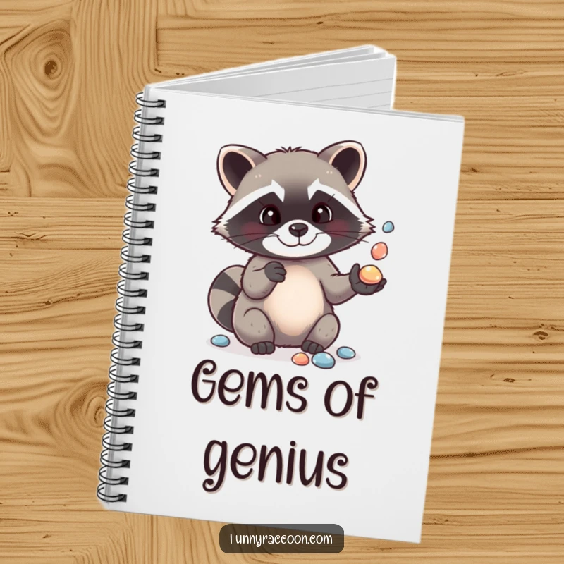 Funny notebook with a cover showing a cute raccoon masterfully juggling shiny pebbles, inspiring creativity and amusement for jotting ideas.