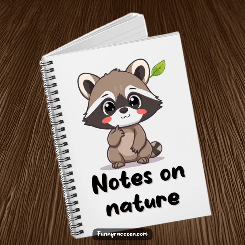 Funny Raccoon Notebook: A raccoon with amazed eyes points at a floating leaf, ideal for journaling discoveries.