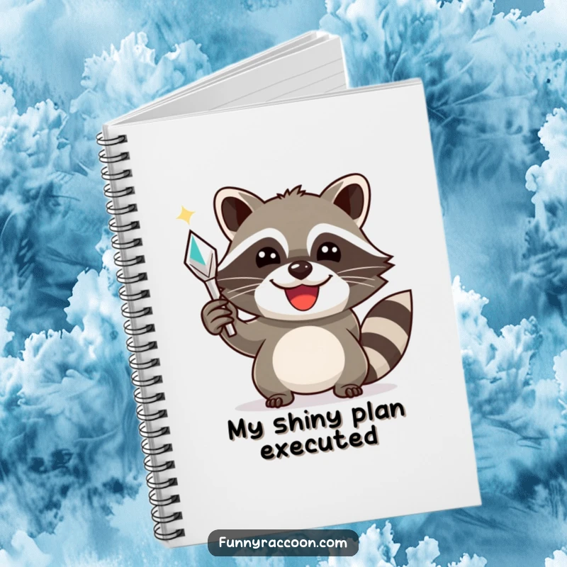 Funny raccoon notebook, a happy raccoon triumphantly holding a shiny object, ideal for documenting successes and ideas.