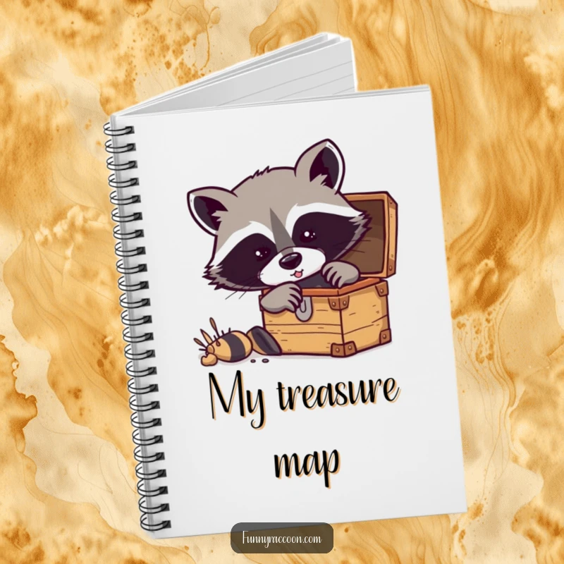 Funny raccoon notebook featuring a masked raccoon digging into a treasure chest, perfect for notes.