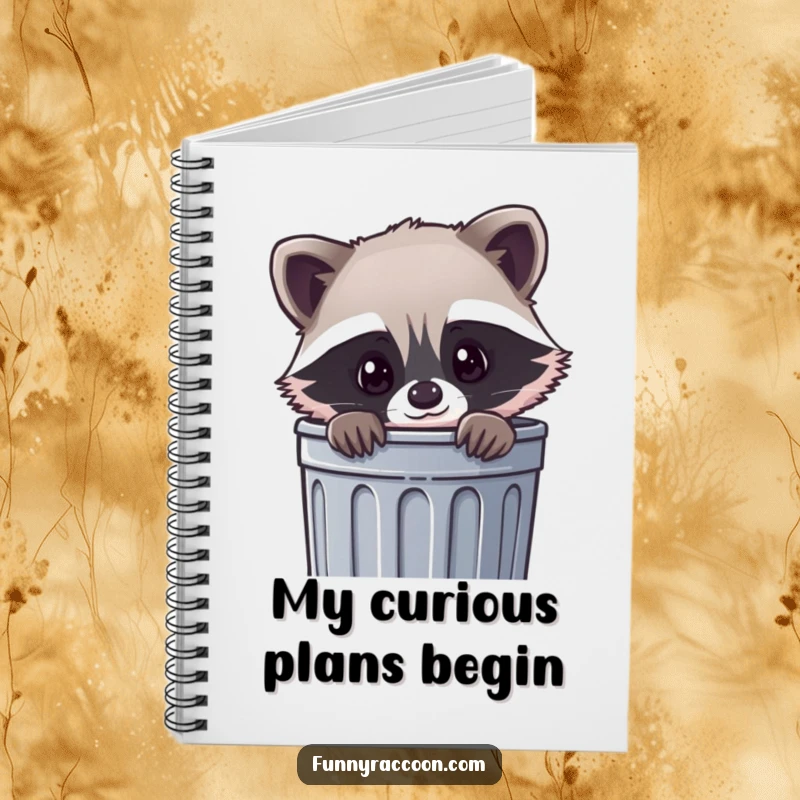 Funny kawaii raccoon notebook, a cute raccoon peeking curiously out of a trash can, ideal for fun and creative notes.
