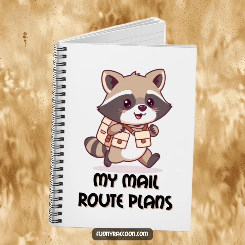 Funny kawaii raccoon notebook featuring a happy raccoon with a mail carrier satchel, perfect for notes.