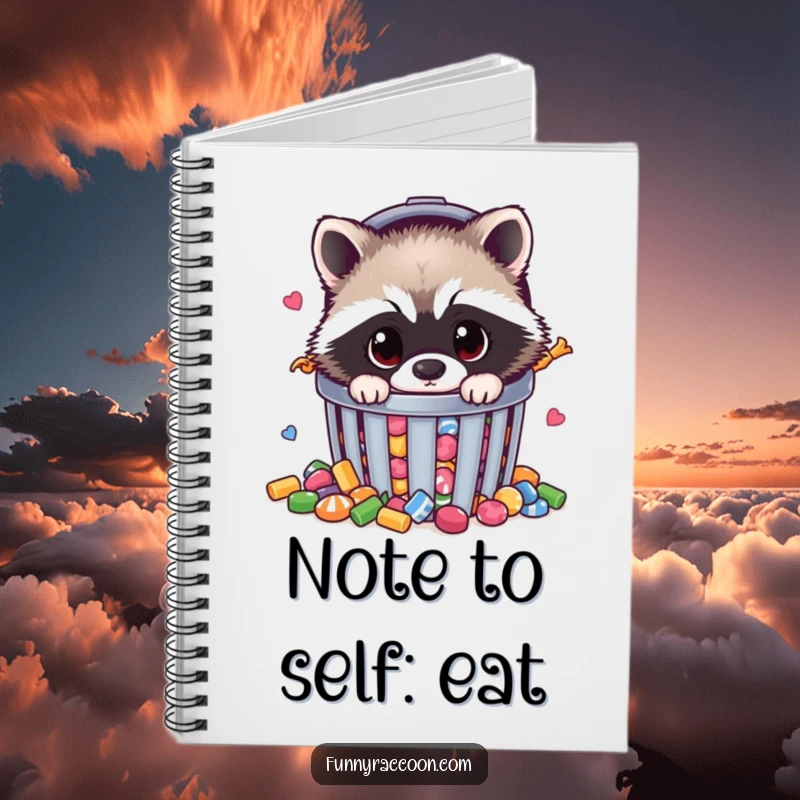 Funny raccoon notebook depicting a fluffy raccoon peeking from a candy-filled trash can, a humorous item for notes.