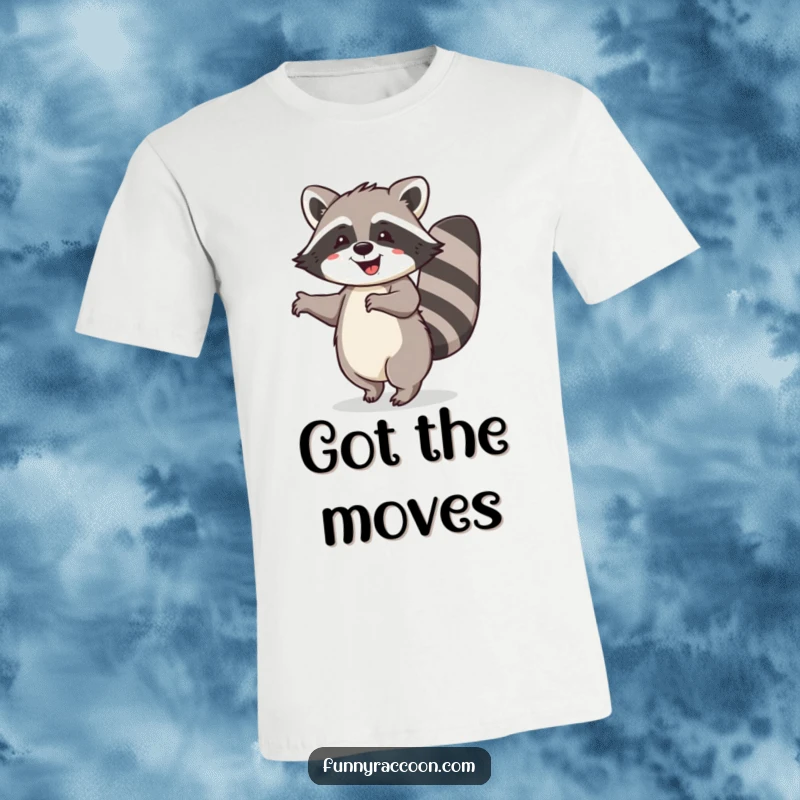 Funny raccoon t-shirt, pure joy, bushy tail curled, doing a lively happy dance, vibrant and humorous apparel.