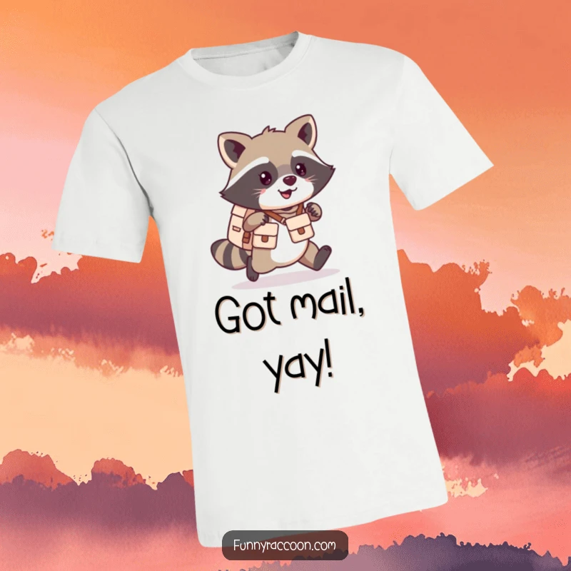Funny kawaii raccoon t-shirt featuring a happy, scampering raccoon with a tiny mail carrier satchel.