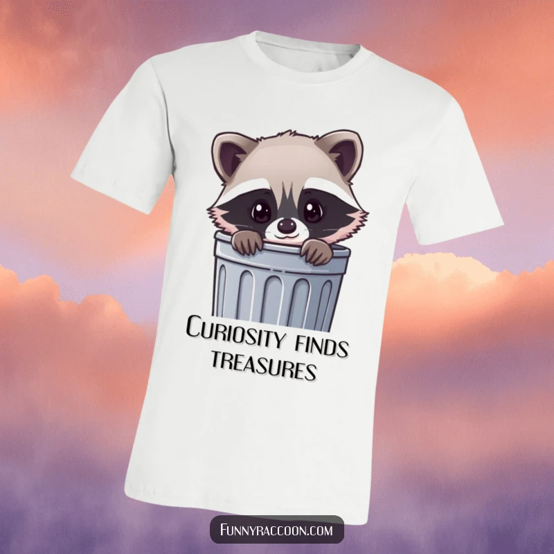 Funny kawaii raccoon t-shirt, a charming raccoon with big eyes peeking from a trash can, showcasing adorable mischief.