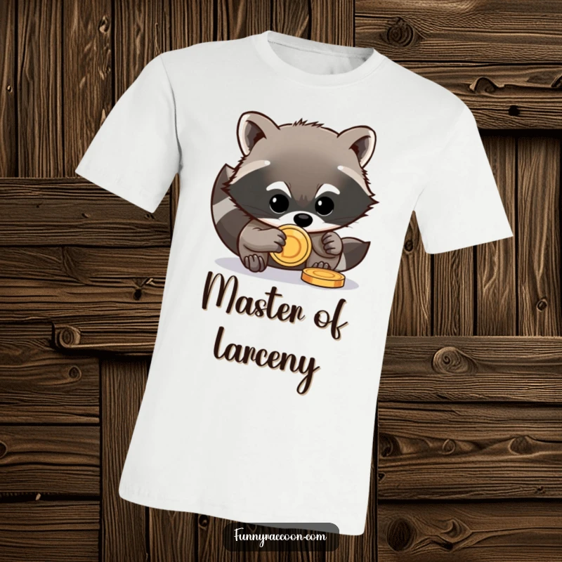 Funny raccoon t-shirt depicting a mischievous raccoon stealing a shiny coin with tiny paws, a stealthy and humorous design.