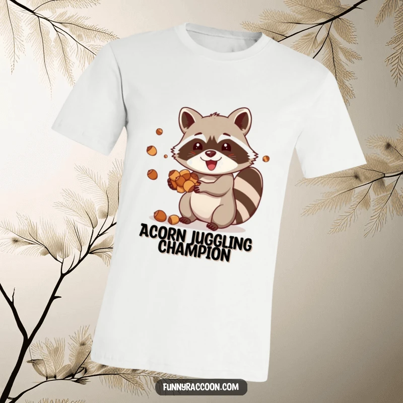 Funny raccoon t-shirt, a happy raccoon joyfully juggling acorns with impressive skill, showcasing playful dexterity.