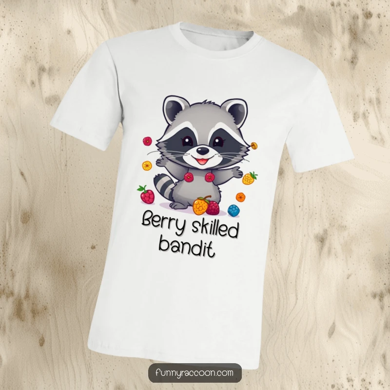 Funny raccoon t-shirt, a wide grin, playfully juggling colorful berries with its masked face, vibrant and humorous apparel.