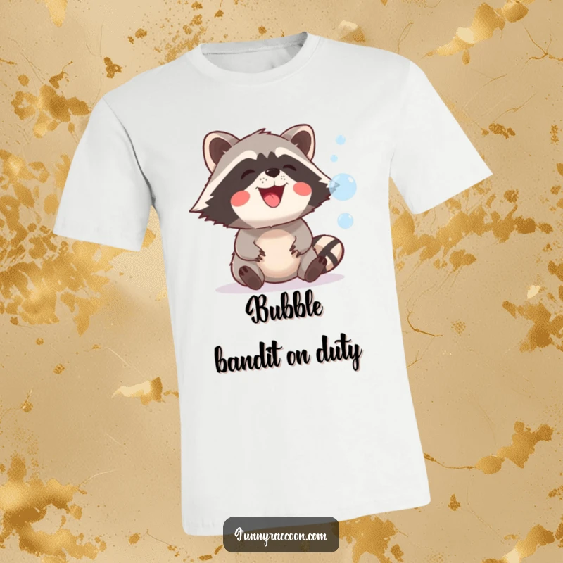 Funny raccoon with a mischievous grin joyfully trying to catch iridescent floating bubbles on a comfortable t-shirt.