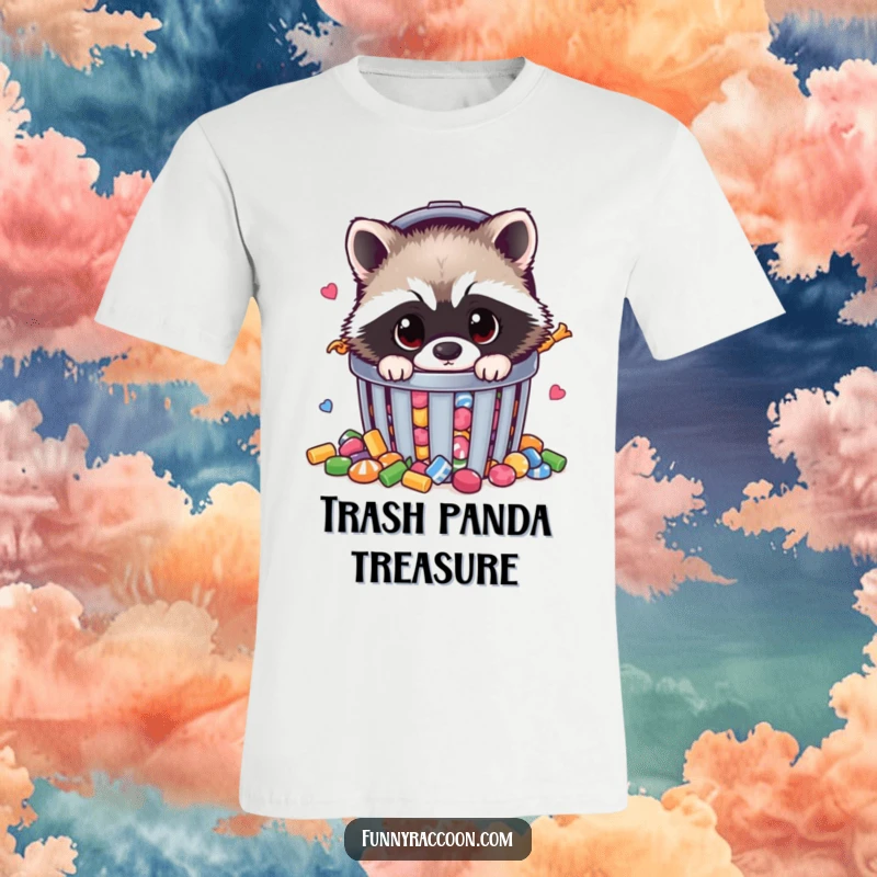 Funny raccoon t-shirt with a fluffy raccoon peeking from a trash can overflowing with sweets, a humorous and relatable design.