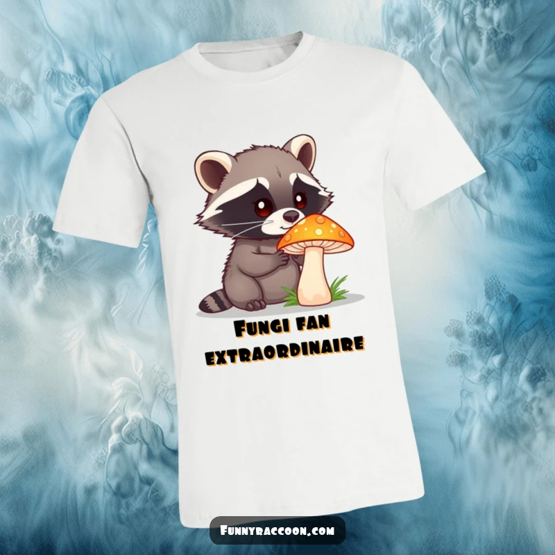 Funny raccoon with a curious expression is shown examining a large, brightly colored mushroom on a t-shirt.