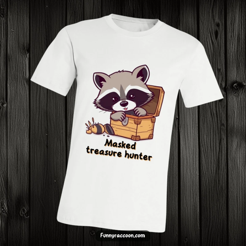 Funny raccoon t-shirt showing a masked raccoon excitedly digging into a treasure chest for riches.