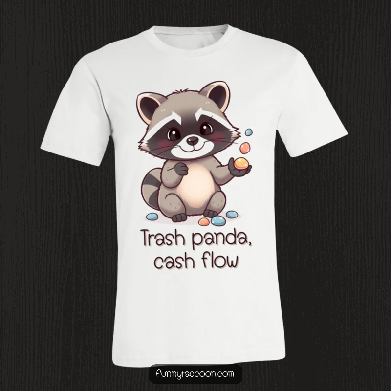 Funny t-shirt depicting a skilled, cute raccoon enthusiastically juggling smooth, shiny pebbles with its tiny paws, showing off its talent.