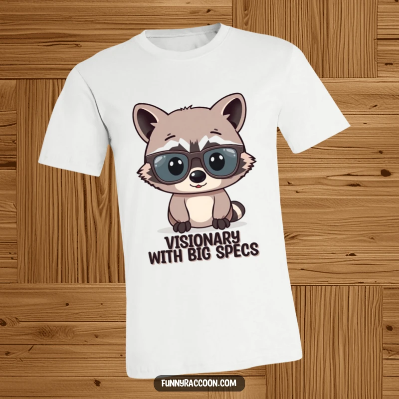 Funny raccoon comically wearing glasses far too large for its face, looking bewildered and intellectual on a t-shirt.