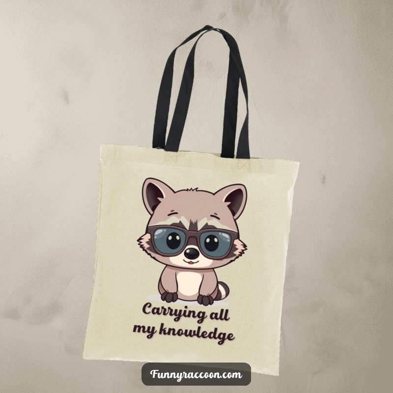 Funny raccoon comically wearing extremely large glasses is depicted on a tote bag, looking scholarly and amusing.