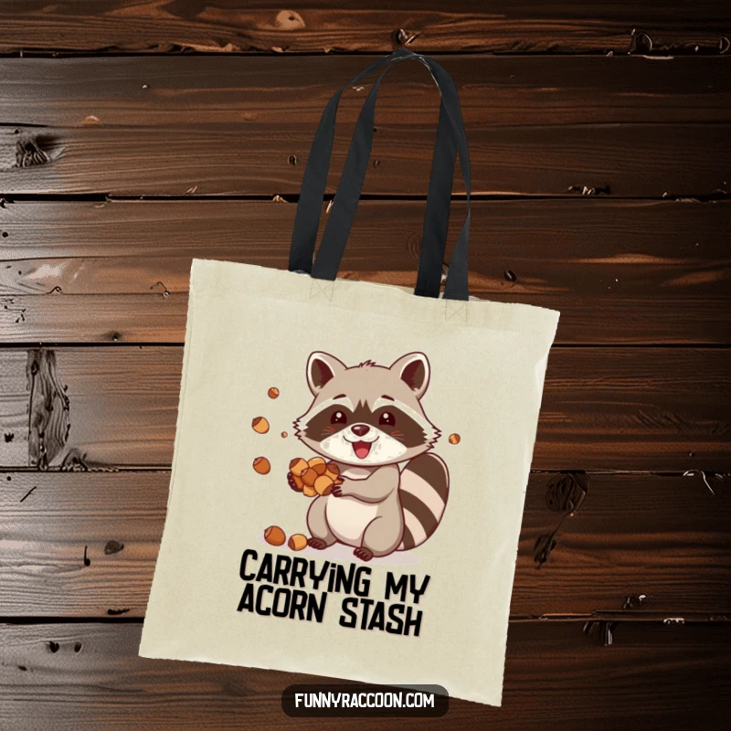 Funny raccoon tote bag, a happy raccoon joyfully juggling acorns, ideal for carrying essentials with playful skill.