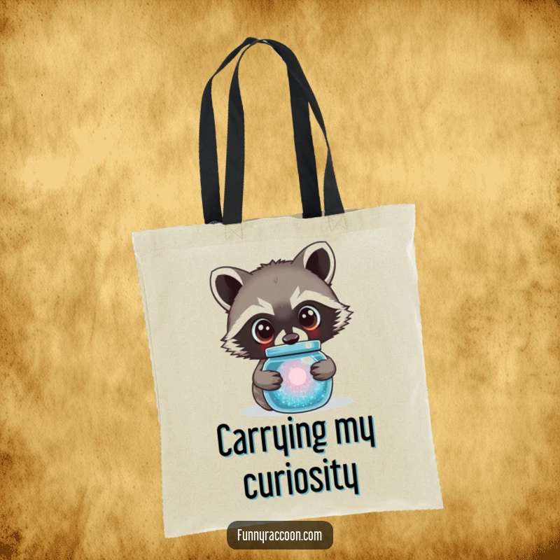 Funny raccoon tote bag featuring a cute raccoon with large, curious eyes peering into a sparkling jar.