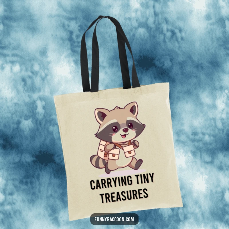 Funny kawaii raccoon tote bag featuring a happy, scampering raccoon wearing a mail carrier satchel.